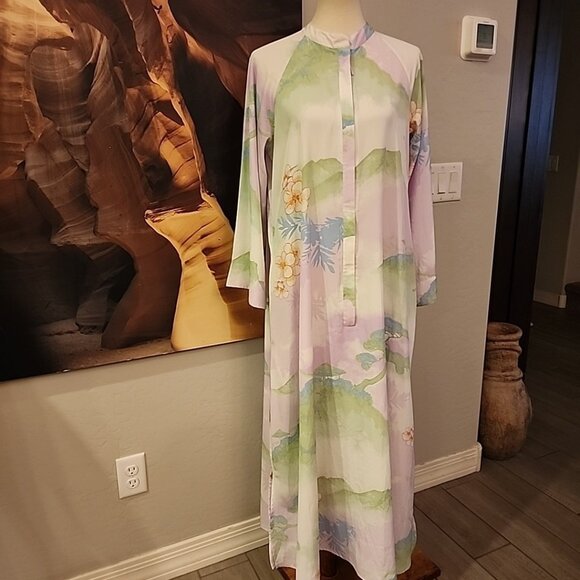 vintage natori nightgown Robe Caftcan M Pink Green Half Zip Long Sleeve Lounge - Picture 1 of 8